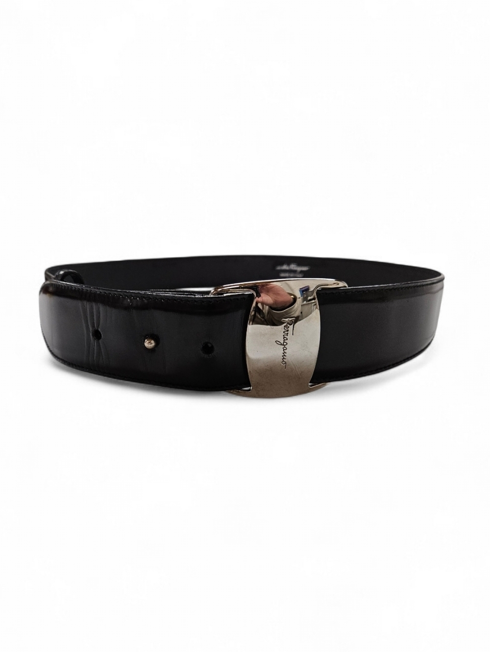 Salvatore Ferragamo Vera Leather Belt In Black Leather With Silver Buckle Sz 75
